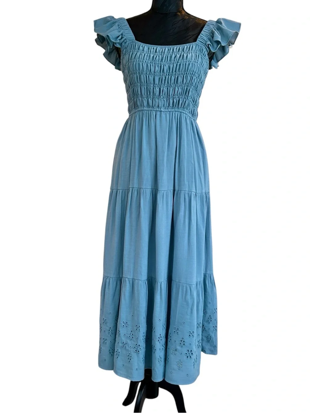 CottageCore - Romantic - Feminine Blue Smocked Tiered Ruffled Tea-length Dress L - Picture 5 of 6